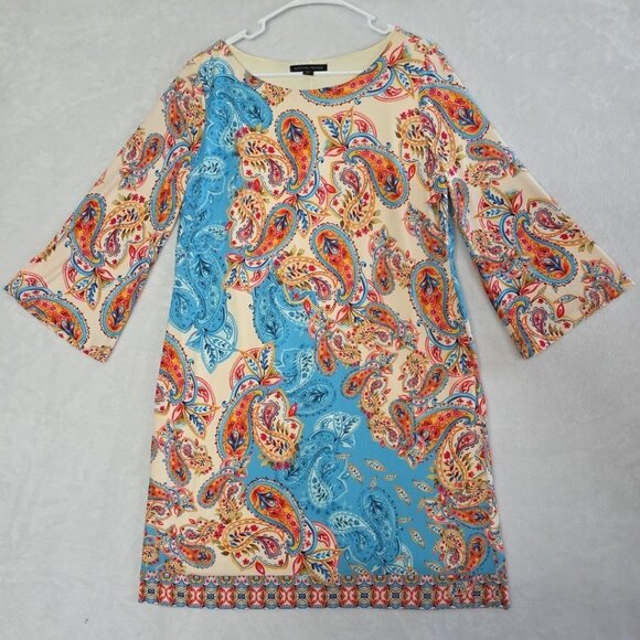 Boston Proper Paisley Sheath Dress 3/4 Bell Sleeve Size L Lined Stretch EUC - Picture 1 of 11